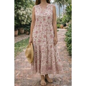 Lucky Brand NWT XL Boho Floral Midi Dress Pink Cream Cottagecore Resort Summer